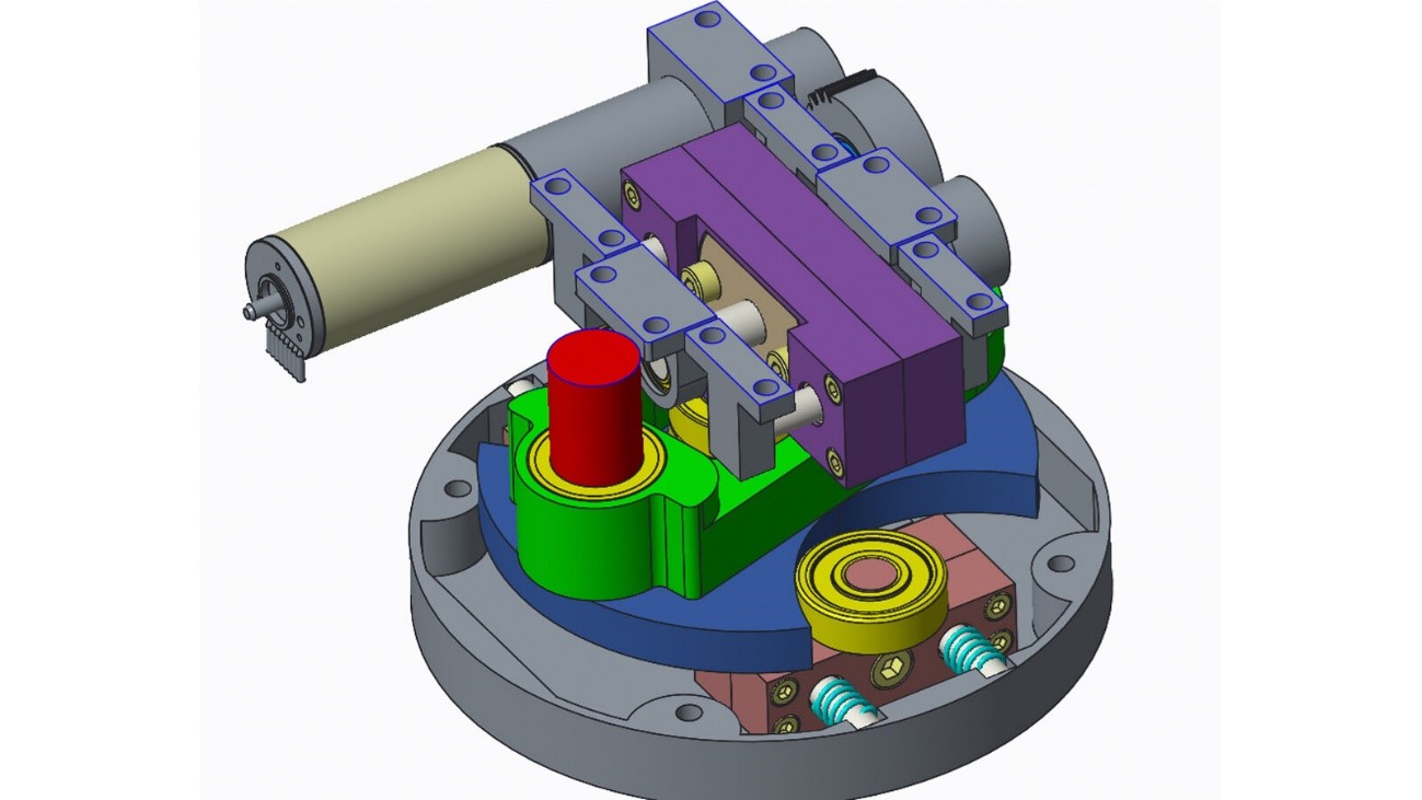 Schematic representation of the patented robot joint: The springs are connected by a cam tech-nology. A small linear motor adjusts the spring hardness of the joint. Graphic: Professorship of Robotics and Human Machine Interaction Schematic representation of the patented robot joint: The springs are connected by a cam tech-nology. A small linear motor adjusts the spring hardness of the joint. Graphic: Professorship of Robotics and Human Machine Interaction