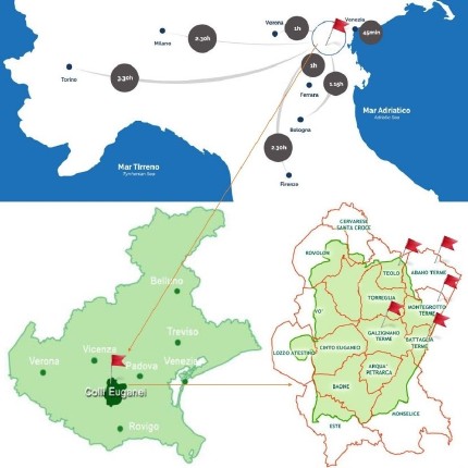 Map of North-Eastern of Italy, Veneto Region and Euganean Hills in which Thermal Euganean Basin is located  