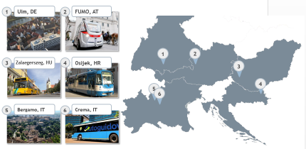 Map of Shareplace regions Bergamo, Crema, Osijek, Zalaergszeg, Ulm, FUMO 