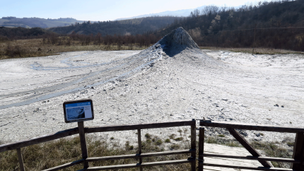 Mud-Vulcano-and-information-sign Mud-Vulcano-and-information-sign