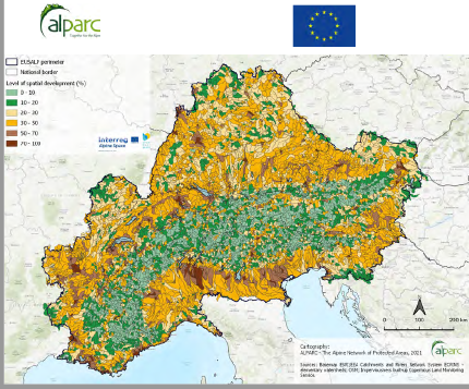 Level of spatial development per surface water body (source: Alparc 2021) 