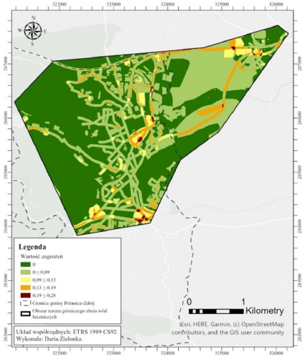 Map of occurrence of all anthropogenic threats, including weights obtained from AHP analysis, in the mining area of the Polanica-Zdrój medicinal water deposit. Map of occurrence of all anthropogenic threats, including weights obtained from AHP analysis, in the mining area of the Polanica-Zdrój medicinal water deposit.