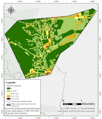 Map of occurrence of all anthropogenic threats, including weights obtained from AHP analysis, in the mining area of the Polanica-Zdrój medicinal water deposit.  